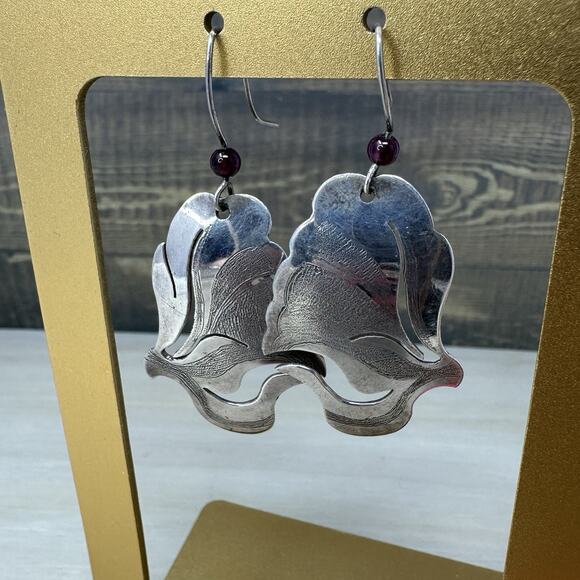 Vintage Sterling Silver Artisan Handmade Embossed Signed Dangle Earrings 12g - Picture 3 of 8
